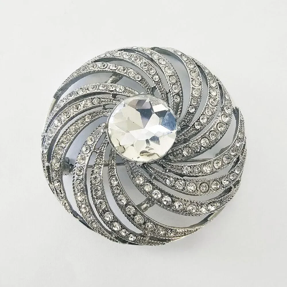 Vintage Monet Silver Tone Rhinestone and Crystal Statement Spiral Brooch